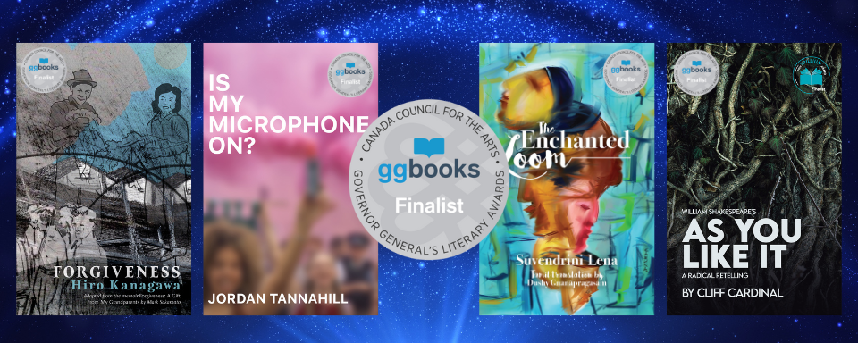 On a blue sparkling background, a round grey sticker is in the center that reads ggbooks Finalist. The book covers for Forgiveness, Is My Microphone On?, The Enchanted Loom, and William Shakespeare’s As You Like It: A Radical Retelling are featured side by side.