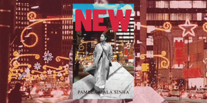 The book cover for New features an old black and white photo of a South Asian woman walking on a paved sidewalk in a long trench coat looking up at her surroundings. This photo is overlaid on top of a colour photo of downtown Winnipeg with cars driving on a busy street and yellow curved decorative lights on street lamps. The title of the play and author’s name are in red and black text.
