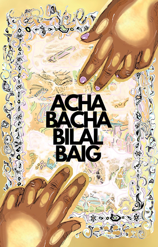 The cover for Acha Bacha features two brown hands with pink nail polish over a reflective surface.