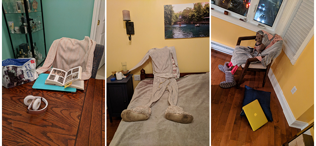 Three photos of a clothing propped up as if a person is wearing them doing things around the house such as reading and sitting with a dog.